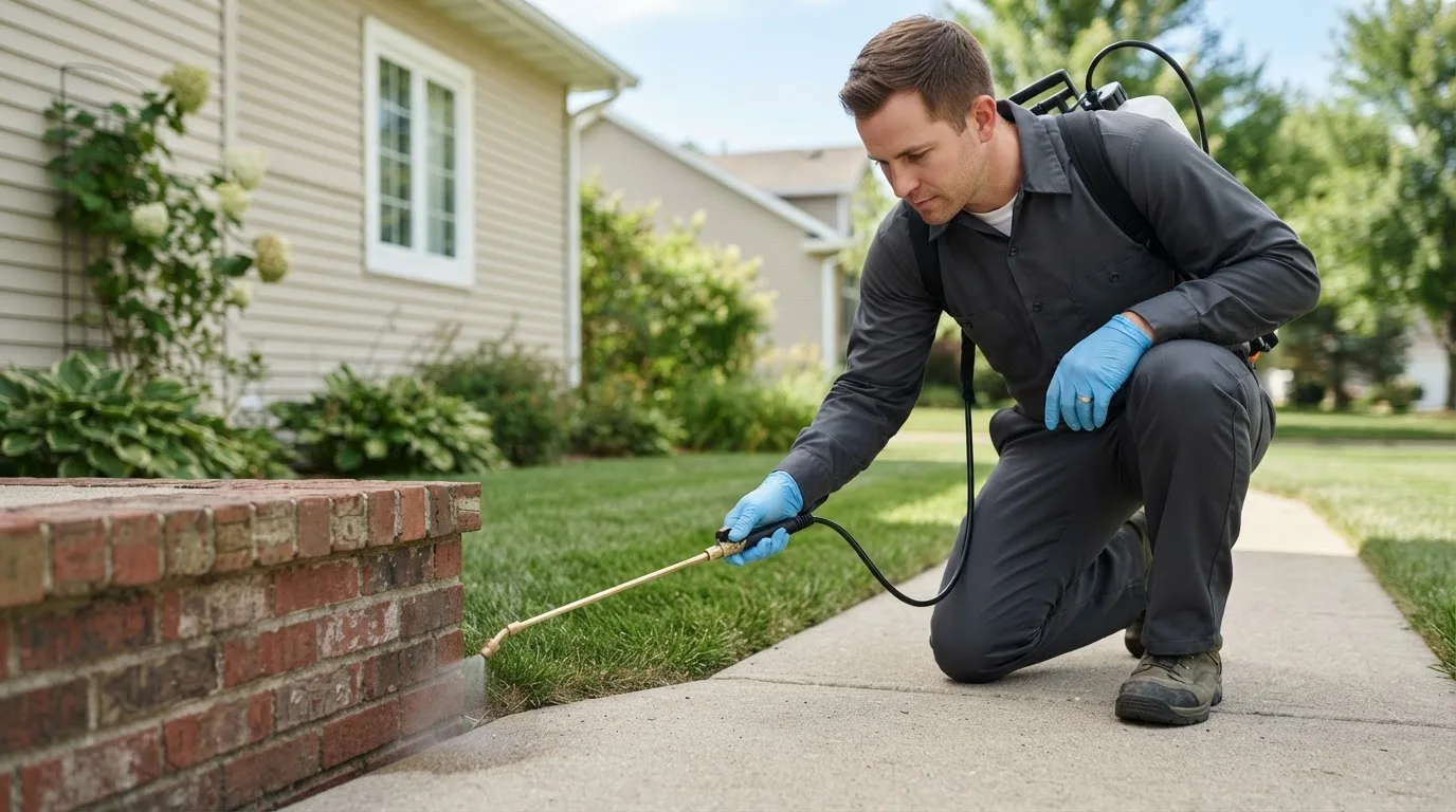 Pest control technician treating a home near Anita, PA